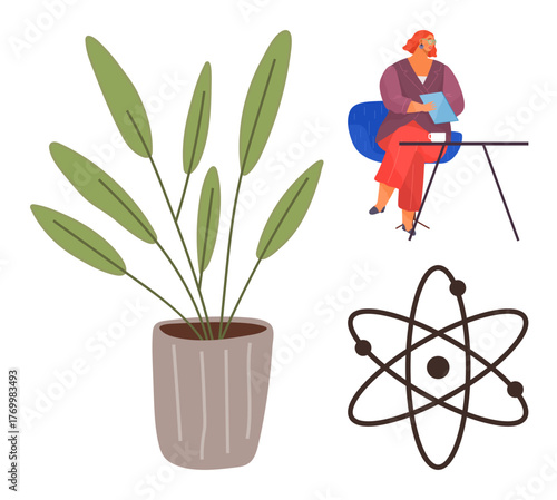 Woman reading document at desk, tall potted plant, and atomic model. Ideal for education, science, work, research, creativity balance and decor themes. Minimalist flat metaphor
