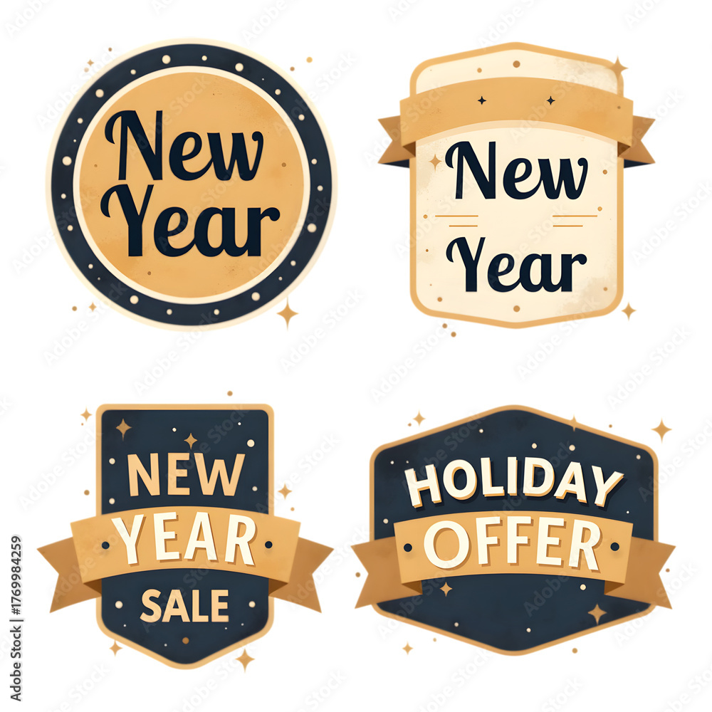 Obraz premium Happy New Year Festive Badges and Labels for Celebration Events and Promotions