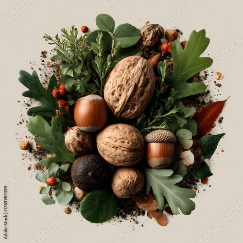 Autumn Natural Elements Collage Walnuts Acorns Multi-Leaf Plants Composition Textured Design & Decor Material