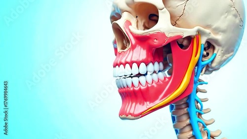 Teeth animation. Anatomical Illustration of the Human Jaw – Structure of Teeth, Muscles, and Bones.
