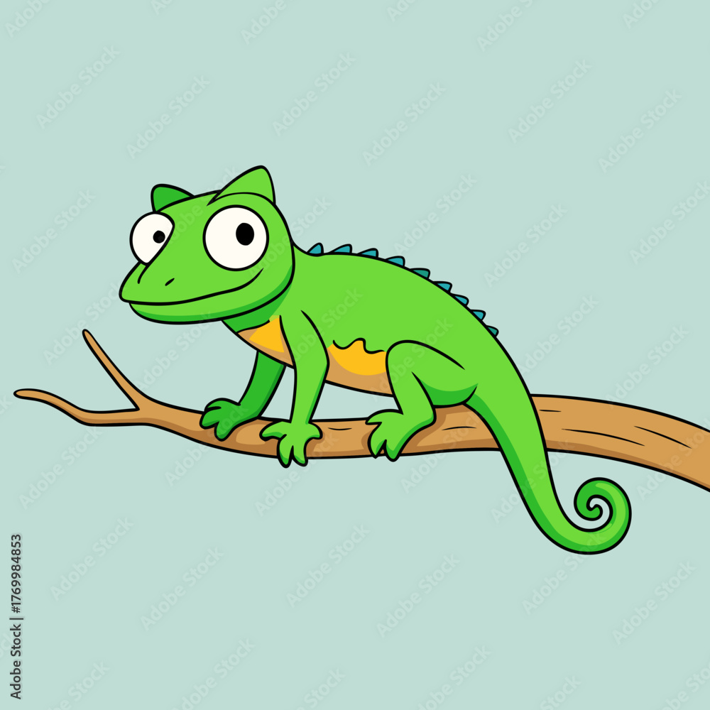 Naklejka premium Cute cartoon green chameleon with big eyes perched on a tree branch