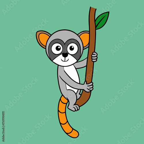 Cute cartoon lemur character clinging to a tree branch with a green background