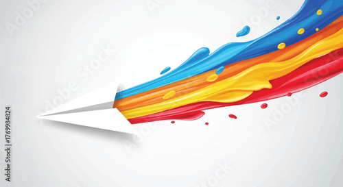 Paper airplane soars leaving a vibrant trail of blue yellow and red paint streaks