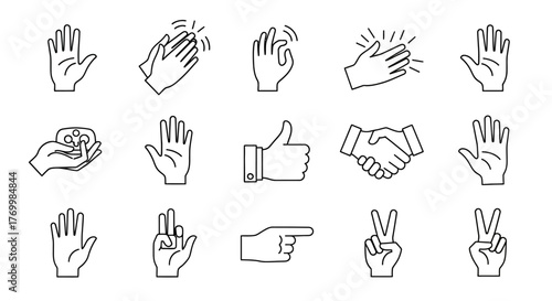 Line art illustration of various hand gestures and hand positions.