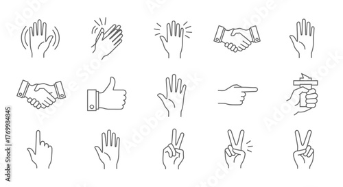 Collection of hand gesture line art illustrations on white background.
