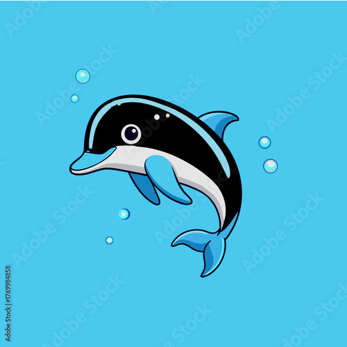 Cute cartoon dolphin swimming happily surrounded by bubbles in blue water