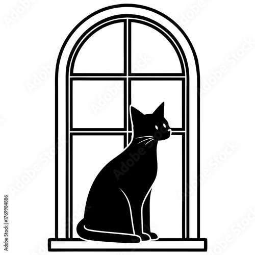 Black cat silhouetted sitting in an arched window looking out