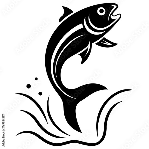 Stylized black fish leaping out of water with bubbles