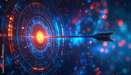 The power of a dart aimed at a target with neon lights on a black textured pattern.