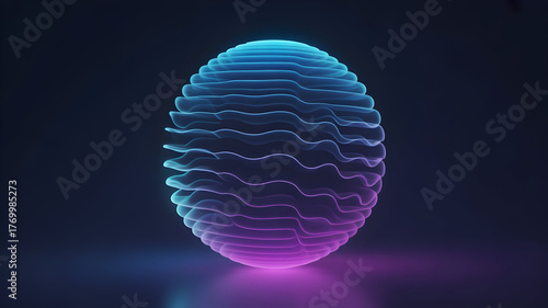 Abstract glowing sphere illustration with dynamic wavy lines and vibrant blue to purple gradient on dark background