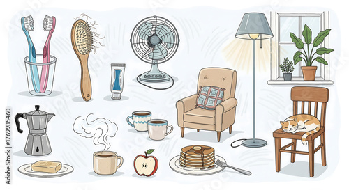 Cozy home interior still life illustration featuring breakfast furniture and decorative objects