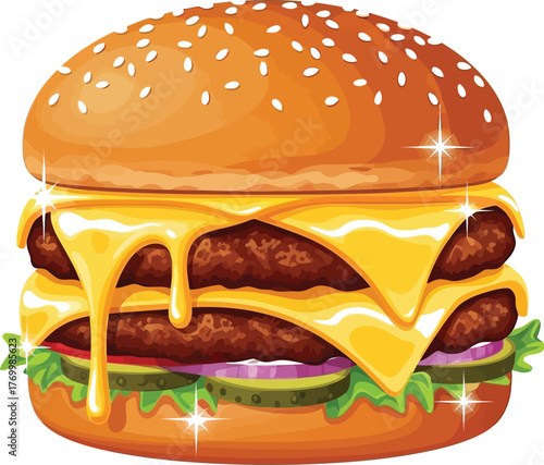 Delicious double cheeseburger with dripping cheese on a sesame seed bun cartoon