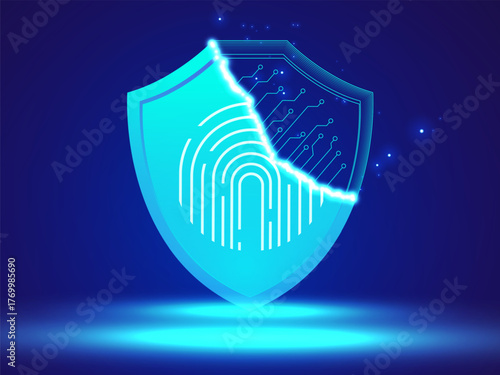 Artificial intelligence with Futuristic Digital Fingerprint scan shield overlapping in Hologram shield light blue effect on dark blue background vector design concept. AI technology for advanced tech.