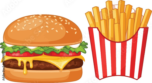 Delicious cartoon burger with fresh toppings and crispy fries on a white background