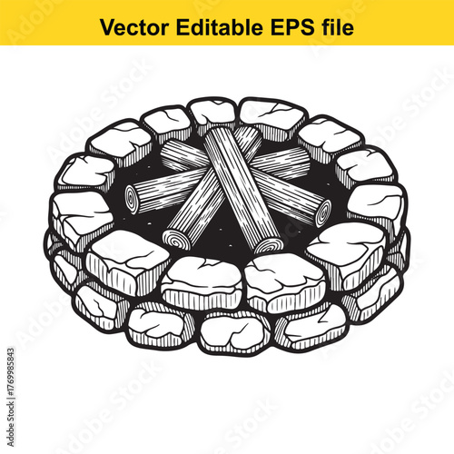 Campfire pit with logs and stones, handdrawn illustration