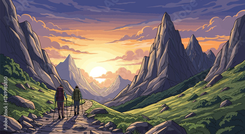 Hikers trekking through a mountain pass at sunset in a colorful cartoon landscape