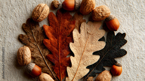 Autumn Colorful Oak Leaves Acorns Walnuts Textured Background Graphic Design & Decor Material Natural Elements Creative Design