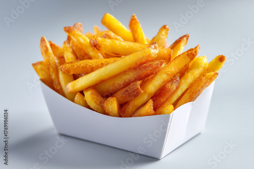Hot golden french fries in a modern white takeaway mockup container