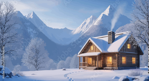 Cozy log cabin glows warmly in a snowy winter landscape with majestic mountains