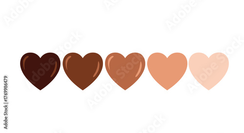 A row of five hearts in a gradient of diverse skin tones, symbolizing love, unity, and equality among people.