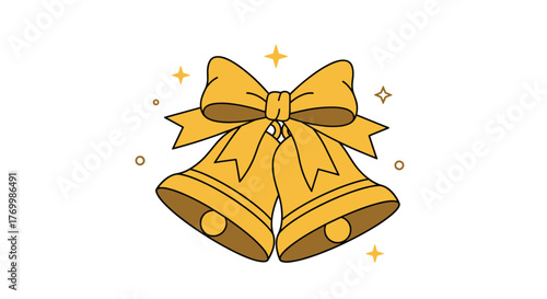 Illustration of two golden festive bells tied with a ribbon bow and sparkling around, symbolizing celebration and joy.