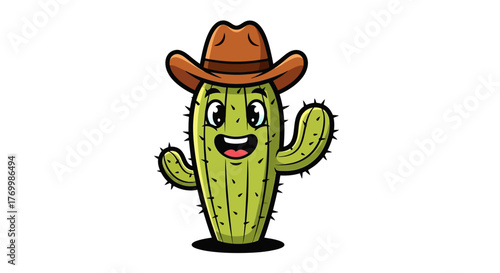 Happy Cartoon Cowboy Cactus Character - Friendly Mascot Illustration
