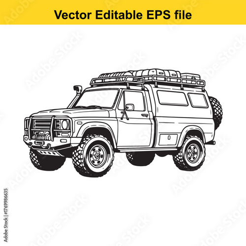 Four wheel drive camper truck with roof rack and spare tire