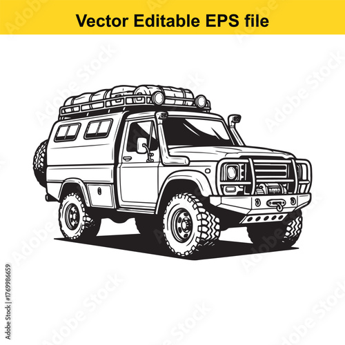 Black and white illustration of an offroad vehicle with a roof rack and spare tire