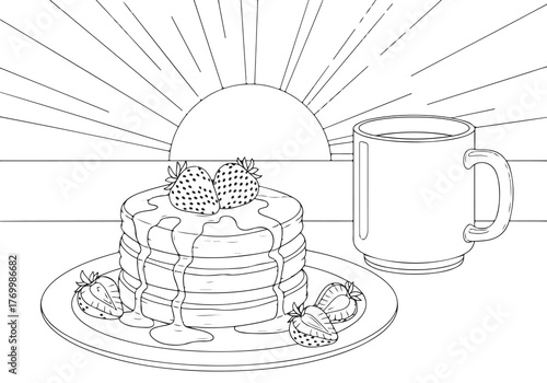 Delightful Morning Meal Coloring Page Featuring Stacked Pancakes with Syrup, Strawberries, and a Cozy Mug Against a Serene Sunrise Background