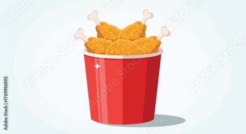 Bucket of crispy fried chicken legs ready to eat on a light background
