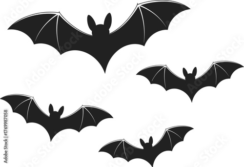 Black and white bat silhouette illustration, flying bats vector design, Halloween night concept, spooky animal shapes, gothic minimal artwork
