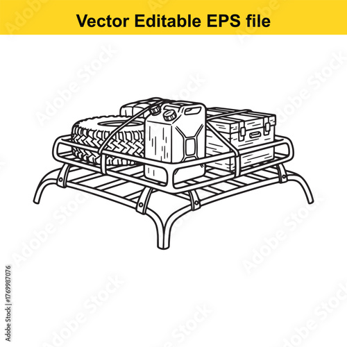 Black and white illustration of a roof rack loaded with cargo, including a spare tire and jerry can