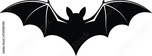 Black and white bat silhouette illustration, minimalist flying bat vector, spooky Halloween night design, gothic animal shape for decoration
