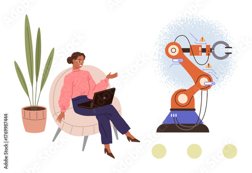 Woman seated on a chair with a laptop interacting with a robotic arm, highlighting technology, productivity, and innovation. Ideal for technology, robotics, education, collaboration, AI remote work