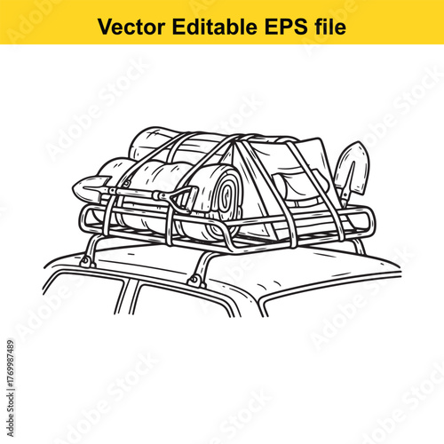 Roof rack loaded with camping gear, sleeping bags, and shovels