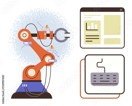 Robotic arm processing data connected to a control interface and analytics panel. Ideal for automation, robotics, AI development, engineering, technology, industrial processes, innovation, simple