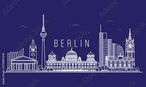Berlin City Skyline with Famous Landmarks – Brandenburg Gate, Fernsehturm, Reichstag, Berlin Cathedral – Travel Illustration for Tourism Promotion