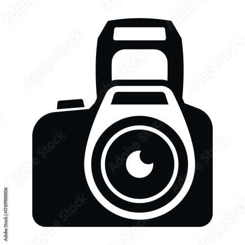 A vector DSLR camera icon, perfect for use in photography-related projects, clearly and stylishly highlights the camera s key features.