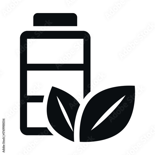 Eco battery icon represents sustainable energy and environmental awareness through a clean design featuring a battery and green leaves