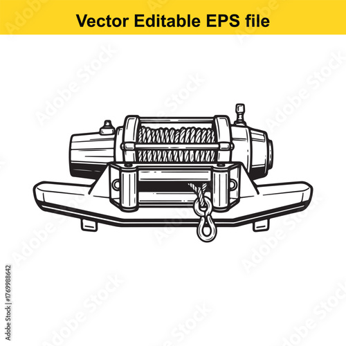 A black and white illustration of a vehicle winch with a hook and cable