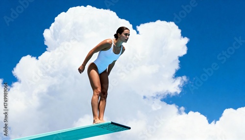 Female diver poised on springboard under blue sky and clouds, athletic summer sport concept, copy space.