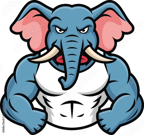 Cartoon elephant, muscular, blue skin, tusks, strong, confident, expressive, character, gym mascot, fitness, power, white shirt, clenched fists, stern face, pink ears, determined, animated, bold,