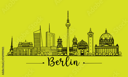 Berlin Skyline Sketch with Brandenburg Gate, TV Tower, Reichstag, and Cathedral – Artistic Cultural Line Art for Travel Posters and Tourism Branding