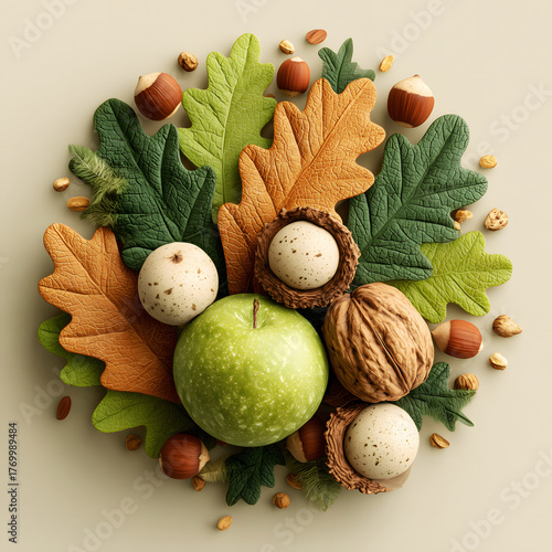 Autumn Harvest Natural Collage Apple Nuts Oak Leaves Quail Eggs Composition Design & Decor Material