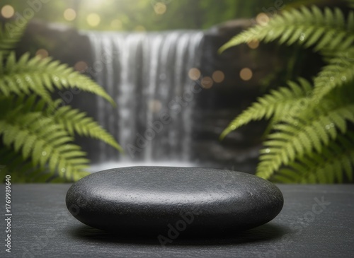 Nature spa stone backdrop with waterfall and ferns for wellness promotion