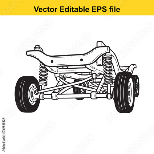Threequarter front view of a buggy chassis with suspension and wheels