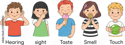 Cartoon Children Demonstrating Five Human Senses, Joyful Mood, One-Panel Sensory Education and Awareness Vector Illustration Design