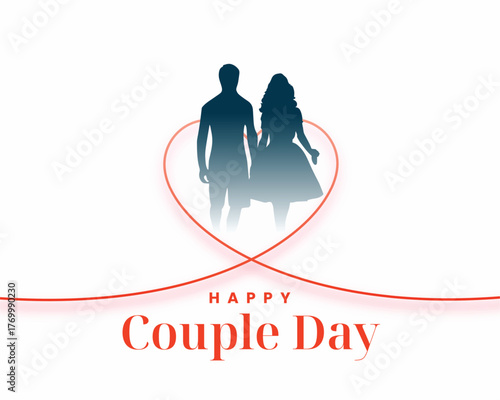 Happy Couple Day love heart line style celebration background with boy, girl, friends, valentine silhouette vector