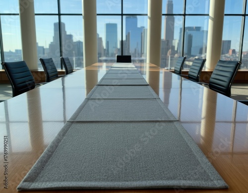 Executive boardroom with city skyline view
