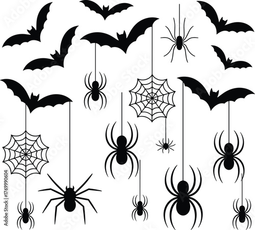 Halloween bats and spiders silhouette illustration, black vector design with cobwebs, creepy night creatures, spooky decoration art for horror theme
